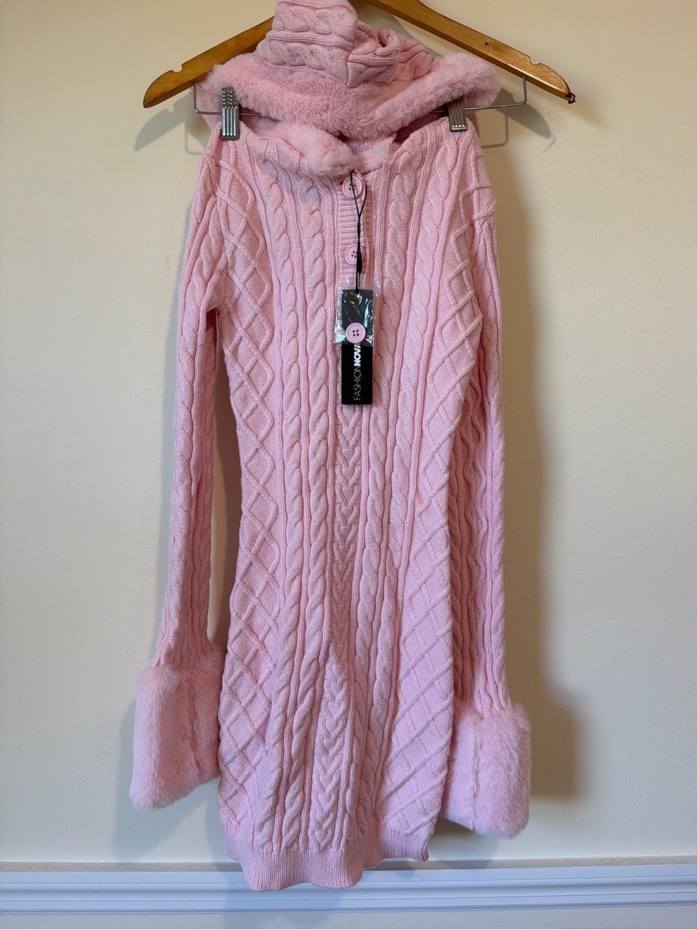 Fashion Nova Pink Cable-Knit Hooded Sweater Dress with Faux Fur Trim